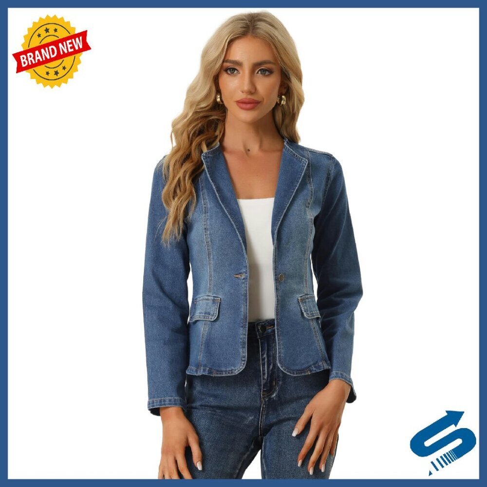 Cropped Denim Blazer Jacket Long Sleeve Lightweight Stretchy Women's XS
